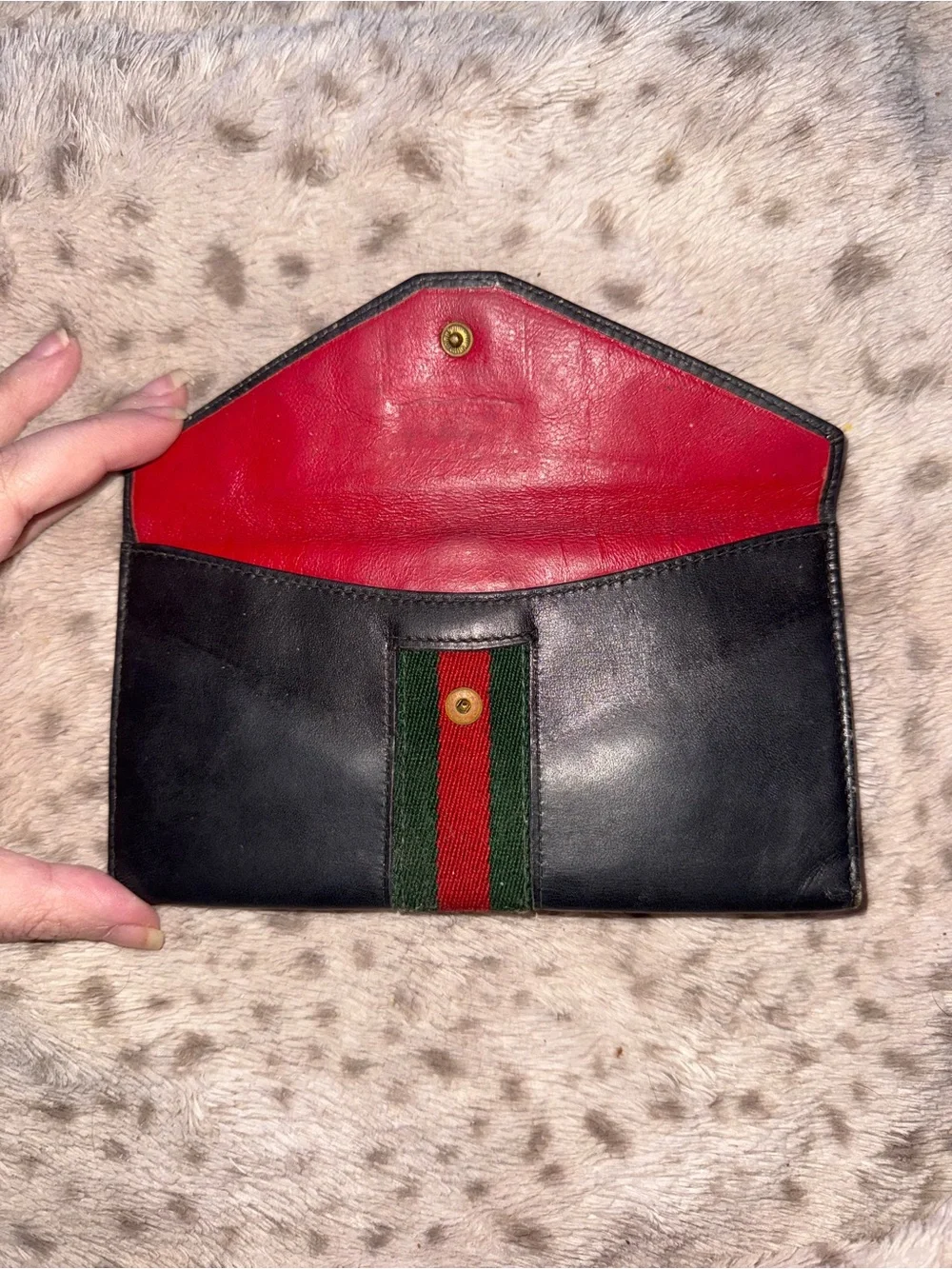 Gucci Vintage Black Leather Wallet with Green & Red Stripe and Metal Clasp